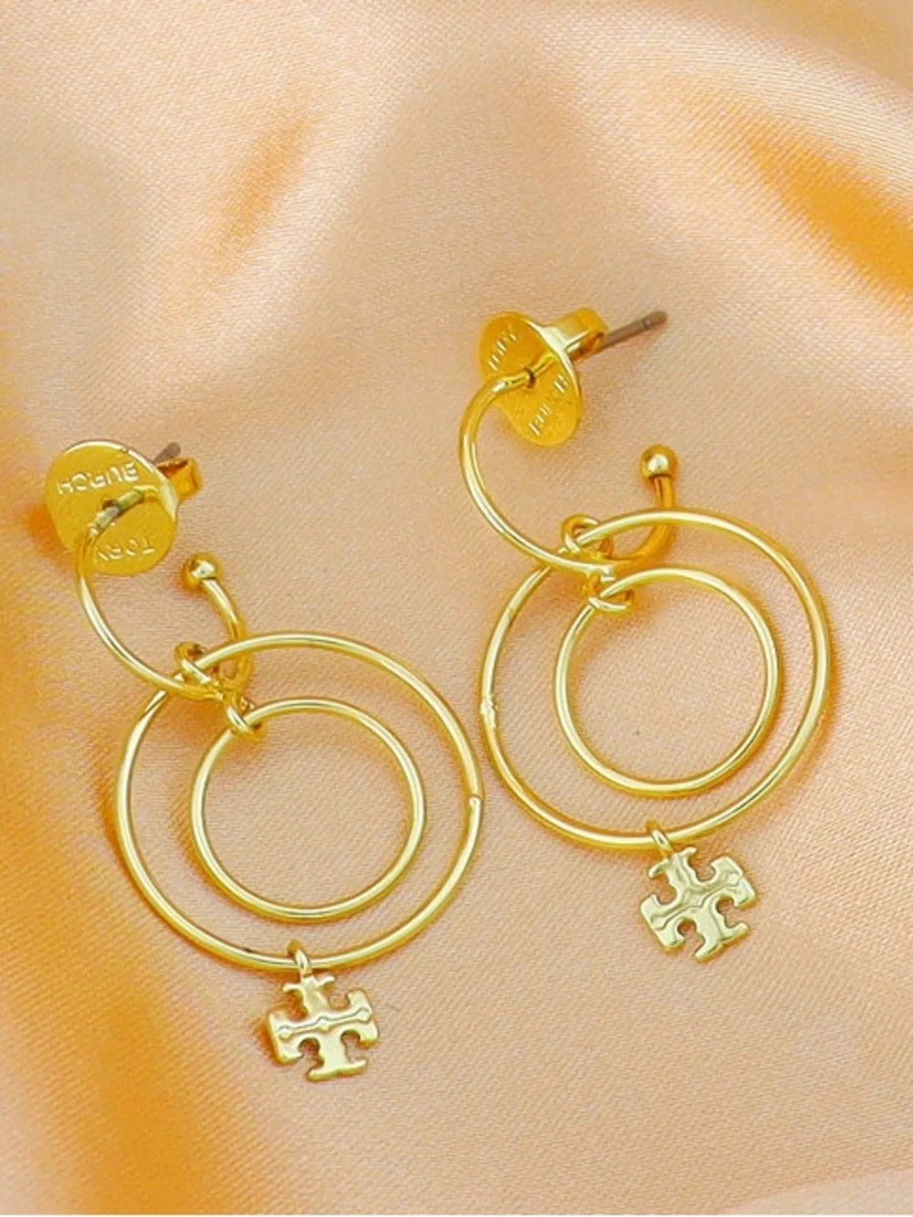 Tory Burch Gold Double Hoop Drop Earrings with Logo Charm